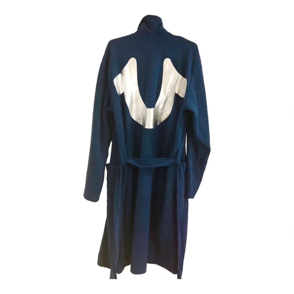 True Religion dark navy blue fleece silver logo lounge bath robe size small new‎